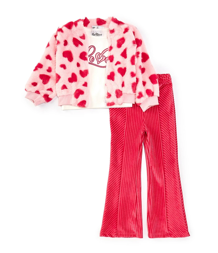 Rare Editions Little Girls 2T-4T Long-Sleeve Heart-Printed Faux-Fur Bomber Jacket, Short-Sleeve Love T-Shirt & Solid Pant Set