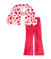 Rare Editions Little Girls 2T-4T Long-Sleeve Heart-Printed Faux-Fur Bomber Jacket, Short-Sleeve Love T-Shirt & Solid Pant Set