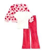 Rare Editions Little Girls 2T-4T Long-Sleeve Heart-Printed Faux-Fur Bomber Jacket, Short-Sleeve Love T-Shirt & Solid Pant Set