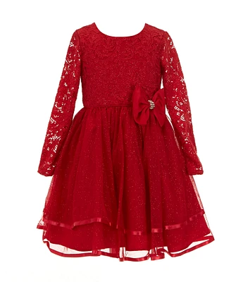 Rare Editions Little Girls 2T-4T Long-Sleeve Lace/Glitter-Accented Mesh Fit-And-Flare Dress