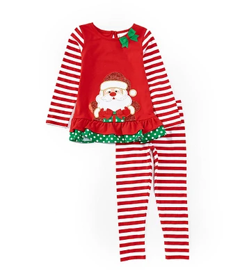 Rare Editions Little Girls 2T-4T Long-Sleeve Mixed-Media Santa Appliqued Tunic Top & Striped Leggings Set