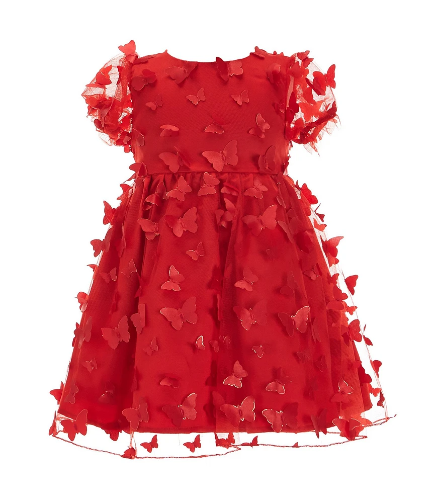 Rare Editions Little Girls 2T-4T Sheer-Puffed-Sleeve Three-Dimensional-Butterfly Appliqued Mesh Fit-And-Flare Dress