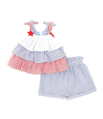 Rare Editions Little Girls 2T-4T Sleeveless Americana Color Block Seersucker Top & Striped Seersucker Shorts Set