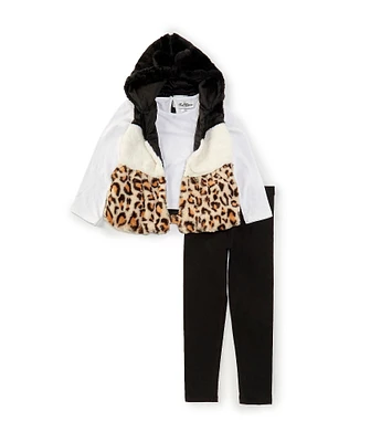 Rare Editions Little Girls 2T-6 Mixed-Media Colorblock Faux-Fur Hooded Vest, Solid Knit Top & Solid Knit Leggings Set