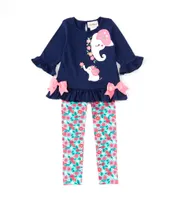 Rare Editions Little Girls 2T-6X 3/4-Sleeve Elephant-Applique Tunic Top & Floral Print Leggings Set