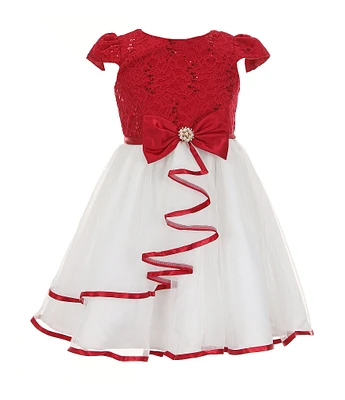 Rare Editions Little Girls 2T-6X Cap-Sleeve Glitter-Accented Lace Bodice/Cascading Mesh Skirted Fit-And-Flare Dress