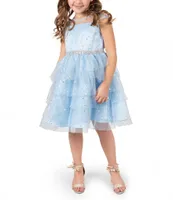 Rare Editions Little Girls 2T-6X Cap Sleeve Illusion Yoke Foil Dot Mesh Embellished Waist Layered Skirt Fit & Flare Dress