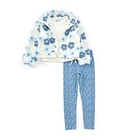 Rare Editions Little Girls 2T-6X Floral-Printed Sherpa Jacket, Solid Knit T-Shirt & Printed Knit Leggings Set