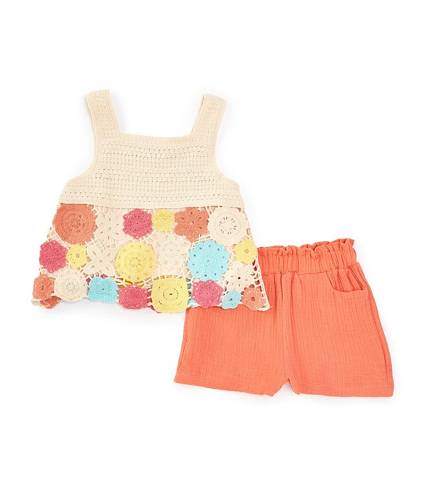 Rare Editions Little Girls 2T-6X Flower Crochet Tank Top & Solid Gauze Shorts Set