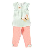 Rare Editions Little Girls 2T-6X Flutter Sleeve Butterfly-Applique Striped Empire Waist Dress & Dotted Leggings Set