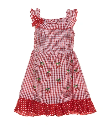 Rare Editions Little Girls 2T-6X Flutter-Sleeve /Cherry-Schiffli-Embroidered Skirted Gingham Seersucker Fit-And-Flare Dress