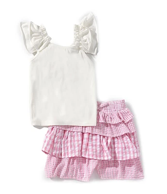 Rare Editions Little Girls 2T-6X Flutter-Sleeve Eyelet-Detailed Top & Mixed-Gingham-Checked Seersucker Shorts Set