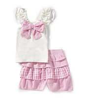 Rare Editions Little Girls 2T-6X Flutter-Sleeve Eyelet-Detailed Top & Mixed-Gingham-Checked Seersucker Shorts Set