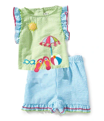 Rare Editions Little Girls 2T-6X Flutter-Sleeve Gingham/Beach-Appliqued Seersucker Top & Coordinating Shorts Set
