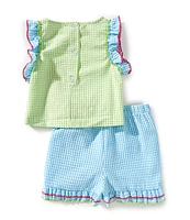 Rare Editions Little Girls 2T-6X Flutter-Sleeve Gingham/Beach-Appliqued Seersucker Top & Coordinating Shorts Set