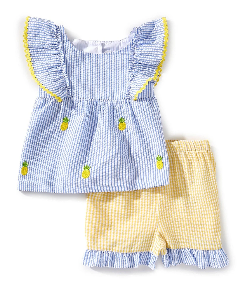 Rare Editions Little Girls 2T-6X Flutter-Sleeve Gingham/Pineapple Schiffli Embroidered Seersucker Top & Coordinating Shorts Set