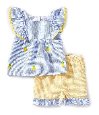 Rare Editions Little Girls 2T-6X Flutter-Sleeve Gingham/Pineapple Schiffli Embroidered Seersucker Top & Coordinating Shorts Set