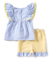 Rare Editions Little Girls 2T-6X Flutter-Sleeve Gingham/Pineapple Schiffli Embroidered Seersucker Top & Coordinating Shorts Set