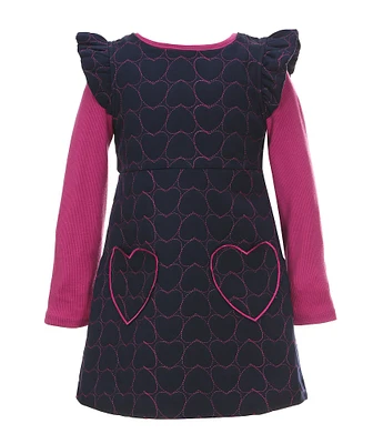 Rare Editions Little Girls 2T-6X Flutter Sleeve Heart-Patterned Quilted Jumper Dress & Solid Long-Sleeve Top Set