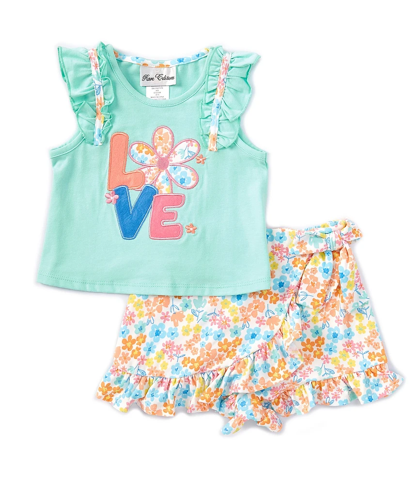 Rare Editions Little Girls 2T-6X Flutter-Sleeve Love T-Shirt & Printed Skort Set