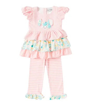 Rare Editions Little Girls 2T-6X Flutter Sleeve Mixed Media Bunny Face Applique Tunic & Ruffle-Hem Striped Leggings Set