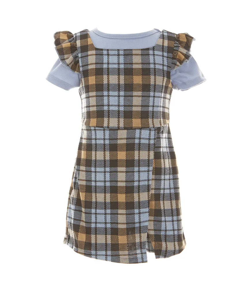 Rare Editions Little Girls 2T-6X Flutter Sleeve Plaid Romper & Short Sleeve Solid Tee