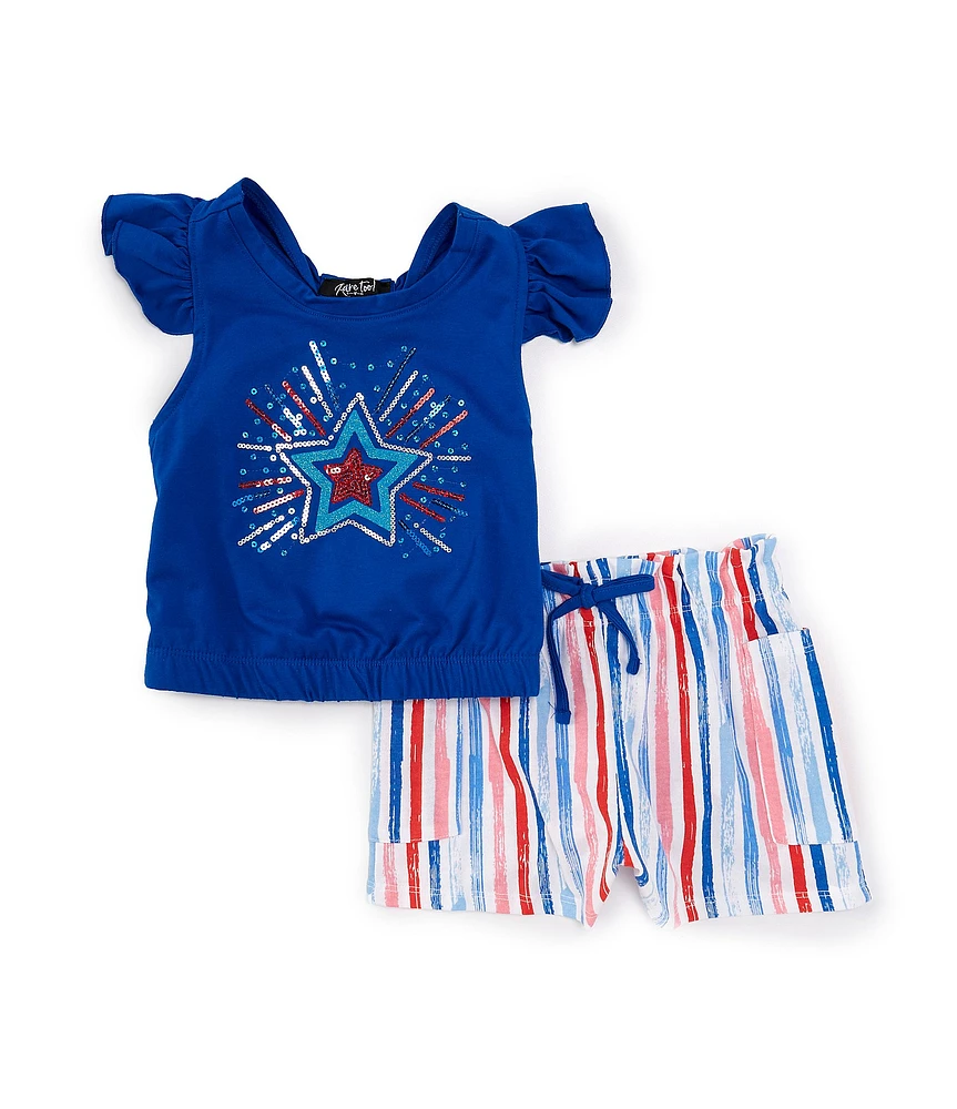 Rare Editions Little Girls 2T-6X Flutter Sleeve Star-Appliqued Americana T-Shirt & Striped Shorts Set