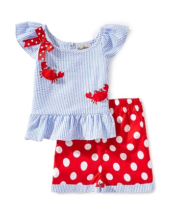 Rare Editions Little Girls 2T-6X Flutter-Sleeve Striped Crab-Appliqued Seersucker Top & Large-Dot Shorts Set