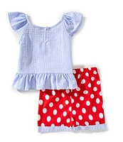 Rare Editions Little Girls 2T-6X Flutter-Sleeve Striped Crab-Appliqued Seersucker Top & Large-Dot Shorts Set