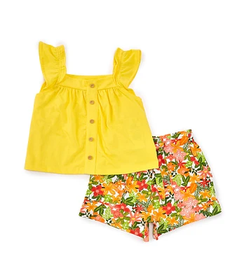 Rare Editions Little Girls 2T-6X Flutter-Sleeve Top & Floral-Printed Shorts Set