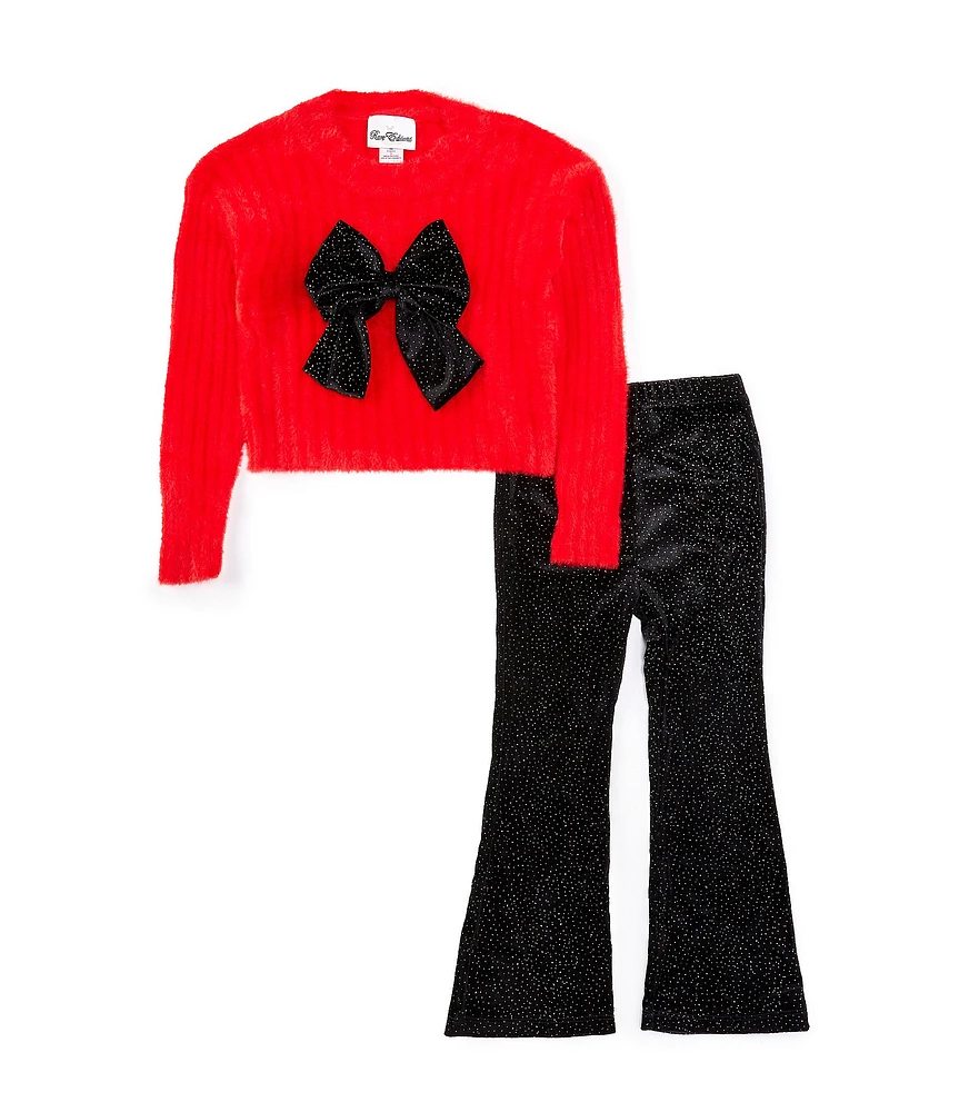 Rare Editions Little Girls 2T-6X Long Sleeve Bow-Accented Ribbed Fuzzy-Knit Sweater & Glitter-Accented Velour Leggings Set