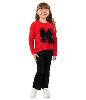 Rare Editions Little Girls 2T-6X Long Sleeve Bow-Accented Ribbed Fuzzy-Knit Sweater & Glitter-Accented Velour Leggings Set