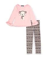 Rare Editions Little Girls 2T-6X Long Sleeve Cat Face-Graphic Brushed-Knit T-Shirt & Coordinating Ikat-Printed Leggings Set