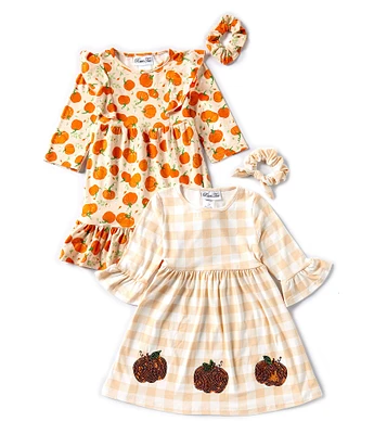 Rare Editions Little Girls 2T-6X Long Sleeve Checked/Pumpkin Dress & Long-Sleeve Pumpkin-Printed Dress 2-Pack