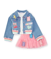 Rare Editions Little Girls 2T-6X Long Sleeve Denim Jacket, Short Sleeve Knit T-Shirt & Skort set