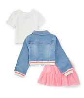 Rare Editions Little Girls 2T-6X Long Sleeve Denim Jacket, Short Sleeve Knit T-Shirt & Skort set