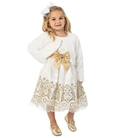 Rare Editions Little Girls 2T-6X Long-Sleeve Faux-Fur Shrug & Cap-Sleeve Glitter-Border-Hem Fit-And-Flare Dress Set