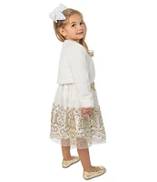 Rare Editions Little Girls 2T-6X Long-Sleeve Faux-Fur Shrug & Cap-Sleeve Glitter-Border-Hem Fit-And-Flare Dress Set