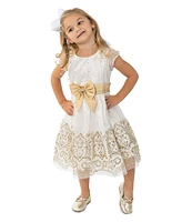 Rare Editions Little Girls 2T-6X Long-Sleeve Faux-Fur Shrug & Cap-Sleeve Glitter-Border-Hem Fit-And-Flare Dress Set