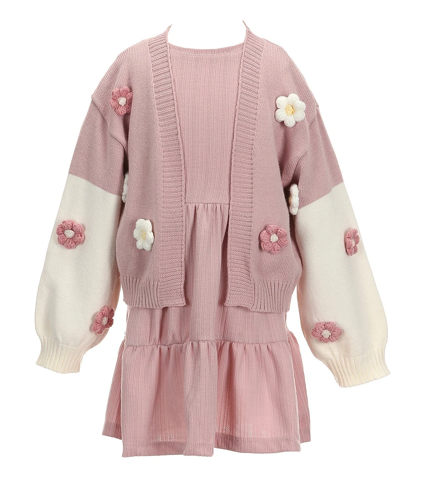 Rare Editions Little Girls 2T-6X Long Sleeve Flower-Applique Cardigan & Short Sleeve Fit & Flare Rib Dress Set