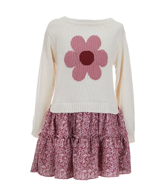 Rare Editions Little Girls 2T-6X Long-Sleeve Flower-Motif Sweater-Knit Bodice & Printed Skirt Popover Dress