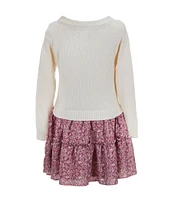 Rare Editions Little Girls 2T-6X Long-Sleeve Flower-Motif Sweater-Knit Bodice & Printed Skirt Popover Dress