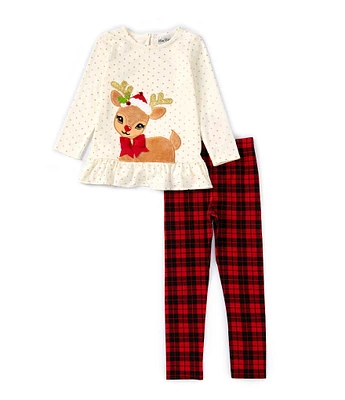 Rare Editions Little Girls 2T-6X Long Sleeve Foiled-Dot Red-Nosed-Reindeer Appliqued Tunic Top & Plaid Leggings Set