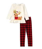 Rare Editions Little Girls 2T-6X Long Sleeve Foiled-Dot Red-Nosed-Reindeer Appliqued Tunic Top & Plaid Leggings Set