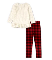 Rare Editions Little Girls 2T-6X Long Sleeve Foiled-Dot Red-Nosed-Reindeer Appliqued Tunic Top & Plaid Leggings Set