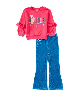 Rare Editions Little Girls 2T-6X Long Sleeve Jingle Bell Rock French Terry Sweatshirt & Flare Leg Velvet Pants