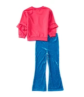 Rare Editions Little Girls 2T-6X Long Sleeve Jingle Bell Rock French Terry Sweatshirt & Flare Leg Velvet Pants