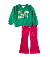 Rare Editions Little Girls 2T-6X Long-Sleeve Merry And Bright Appliqued French Terry Sweater & Velvet Flare-Leg Pant Set