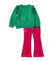 Rare Editions Little Girls 2T-6X Long-Sleeve Merry And Bright Appliqued French Terry Sweater & Velvet Flare-Leg Pant Set