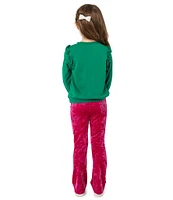 Rare Editions Little Girls 2T-6X Long-Sleeve Merry And Bright Appliqued French Terry Sweater & Velvet Flare-Leg Pant Set